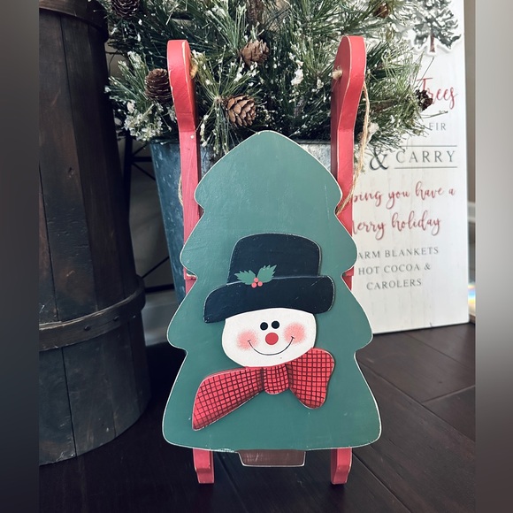 Vintage Other - Rustic Wooden Snowman Tree Sled – Vintage Christmas Decoration